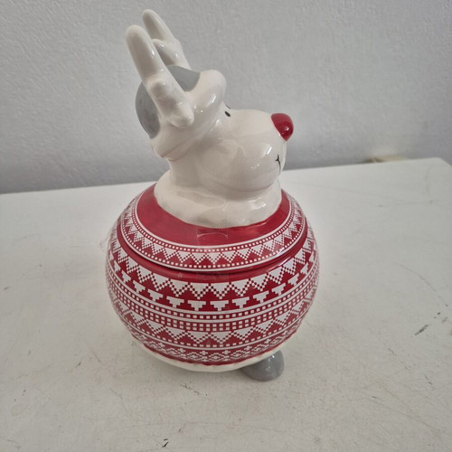 Christmas Ceramic Cookie Jar with Smiling Reindeer Lid new