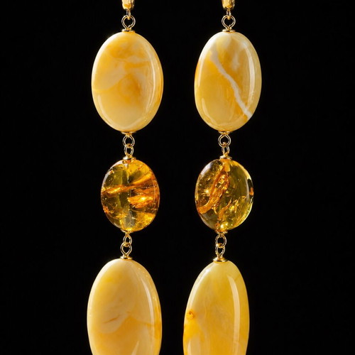 Long Amber Earrings with White Baltic Amber and 24K Gold Plated Silver