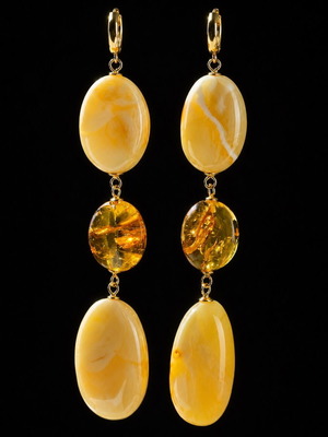 Long Amber Earrings with White Baltic Amber and 24K Gold Plated Silver