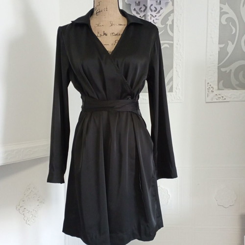 monki satin dress Monki long sleeve crinkle satin shirt dress with floaty skirt in black
