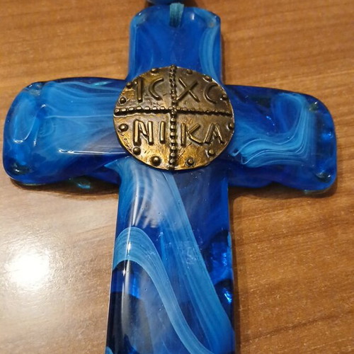 Handmade Tanagra Cross in Blue Glass like new