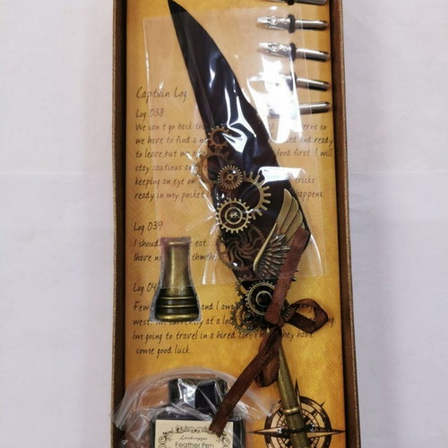 Calligraphy pen with feather new (blue, white, black, brown)