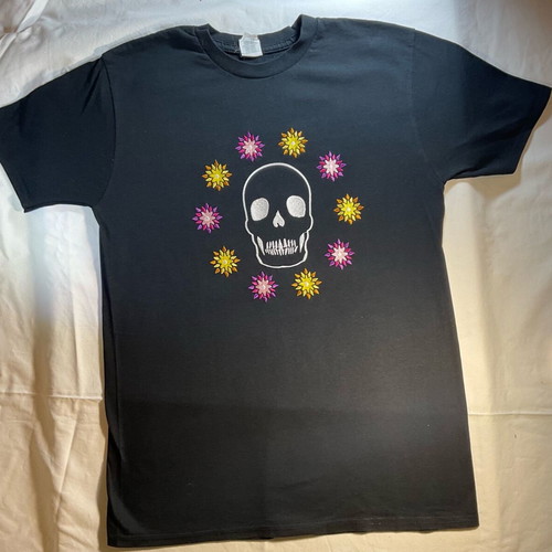Cotton blouse with embroidered skull and flower design, new