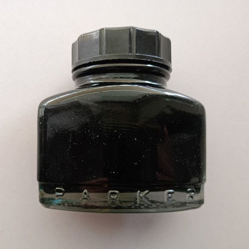 Glass ink bottle Parker Quink Solv-X used with case