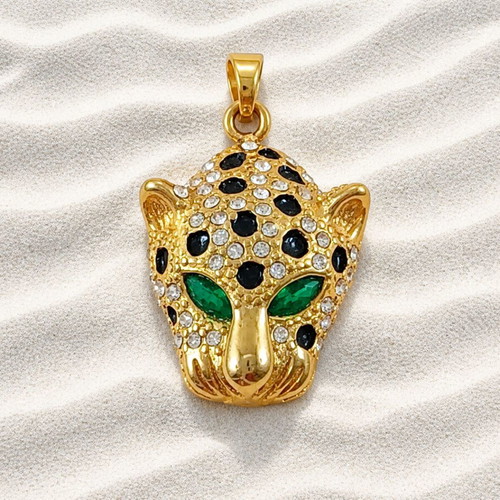 Necklace with stainless steel Venetian chain and pendant with crystals new, green and gold