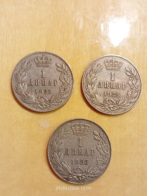 1 Dinar coins used, Yugoslavia 1925, set of 3