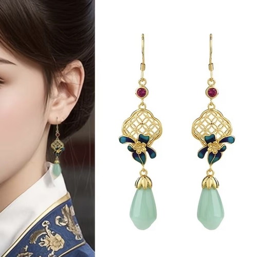 Oriental Chinoiserie Earrings with Jade Drop and Turquoise Enamel