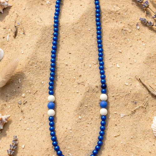 Handmade, blue white beaded long necklace and earings