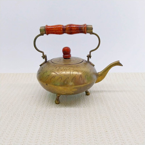 Vintage brass decorative teapot with wooden handle used, England