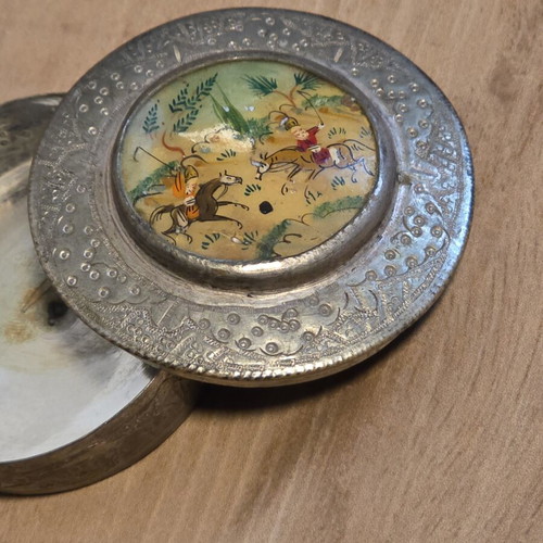 Vintage Persian Handmade Metal Jewelry Box used with Handpainted Mother of Pearl Miniature