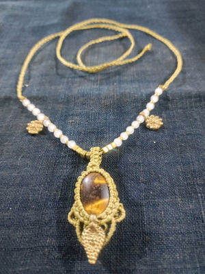Macrame necklace new with tiger eye stone and metal details