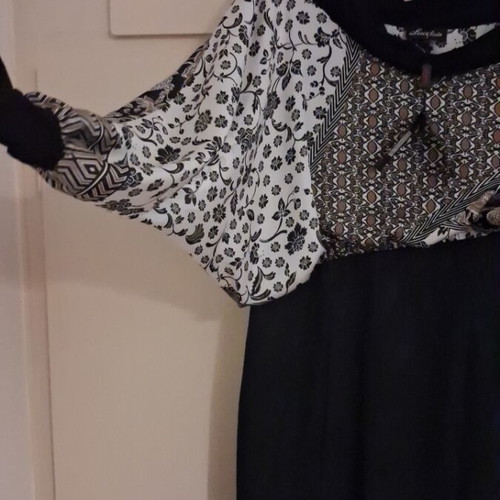 Vintage off shoulder dress Lucifair, like new, size 50, black multicolor