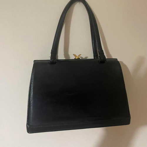 Vintage black patent leather handbag with gold wing clasp like new