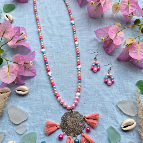 Bohemian tassel long necklace and earrings set colorful, handmade