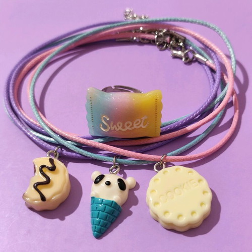 Set of 3 kids' necklaces cookies and ice cream with gift steel candy ring new
