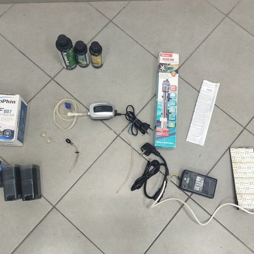 Aquarium equipment used, complete set with heater, feeder, filter, and additives