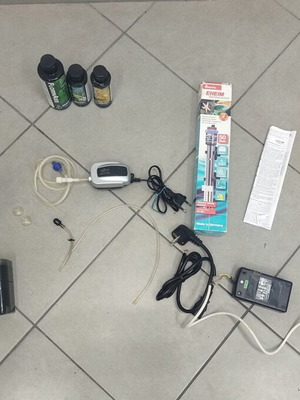Aquarium equipment used, complete set with heater, feeder, filter, and additives