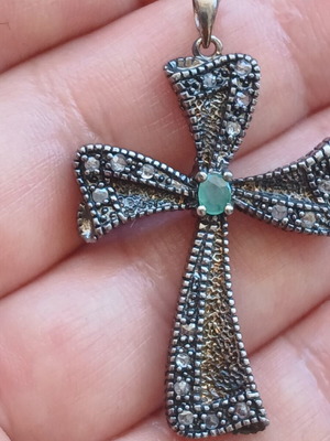 925 silver cross pendant gold plated 9k with emerald and old cut diamonds