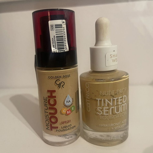 Golden Rose Moisture Touch 108 SPF 20 liquid foundation and Catrice Nude Drop 038W tinted serum foundation