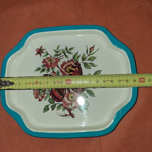 3 vintage metal trays 19.5×16cm, Christmas & butterfly theme, pack