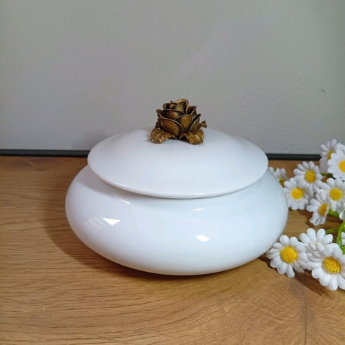 Vintage porcelain box with metal rose lid