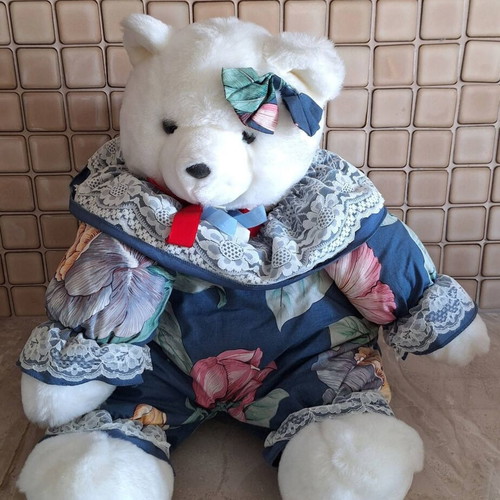 Plush white teddy bear new with blue floral outfit and lace details