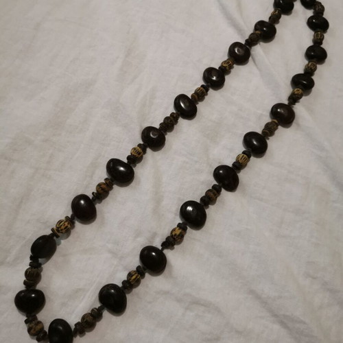 Wooden necklace with ethnic beads like new, dark brown color