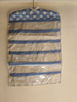 Hanging Organizer Bag with 12 Transparent Zipper Pockets Blue White Polka Dot