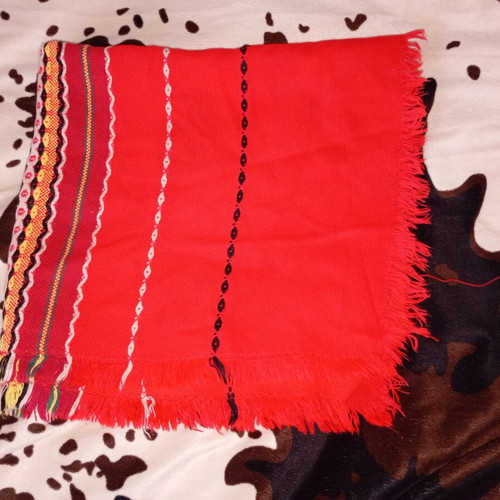 Folk tablecloth used, square soft with traditional Bulgarian motifs and fringes