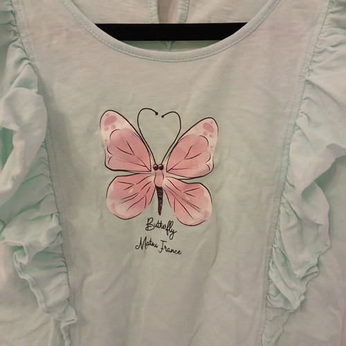 Matou France Mint Top with Ruffles and Pink Butterfly