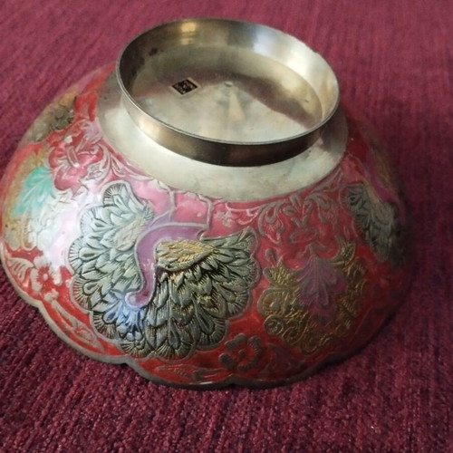 Indian brass bowl used with colorful enamel peacock design