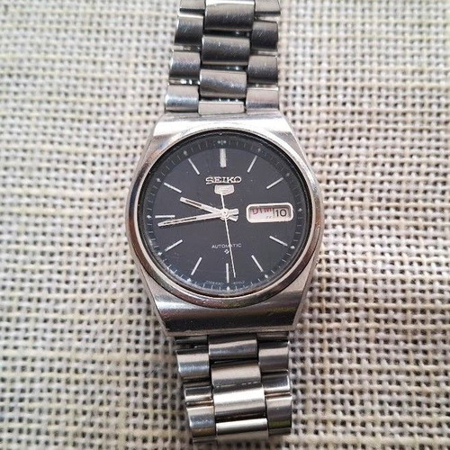Seiko 5 μεταχειρισμένο ανδρικό ρολόι ατσάλινο με μαύρο καντράν