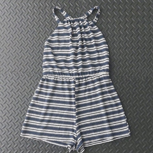 Pull&Bear women's striped backless shorts jumpsuit like new, white-blue