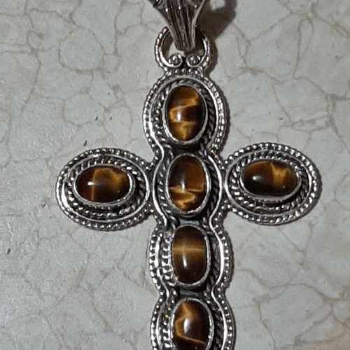 Silver 925 cross with tiger eye semi-precious stones, new