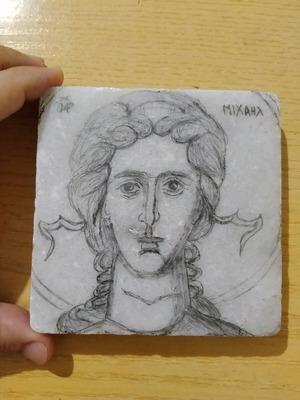 Archangel Michael pencil drawing on marble, like new, 12x12 cm