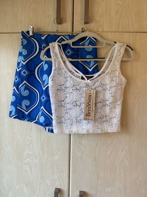 Benissimo lace blouse and blue geometric skirt set new with tags