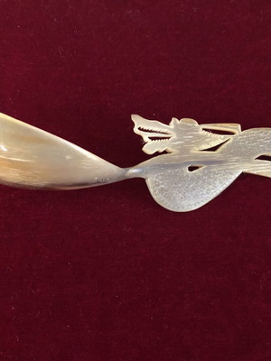 Antique large carved horn spoon with dragon design in excellent condition