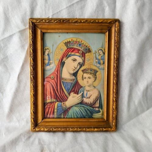 Vintage lithograph of Virgin Mary with gold frame used