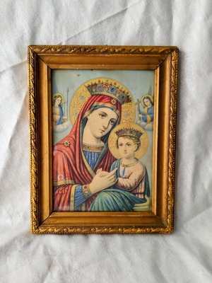 Vintage lithograph of Virgin Mary with gold frame used