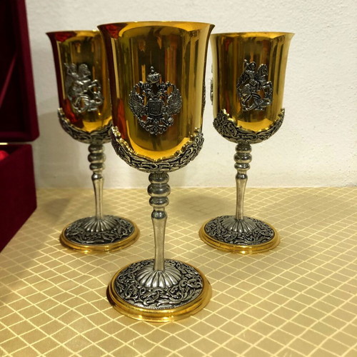Russian handmade brass wine goblets in velvet case like new