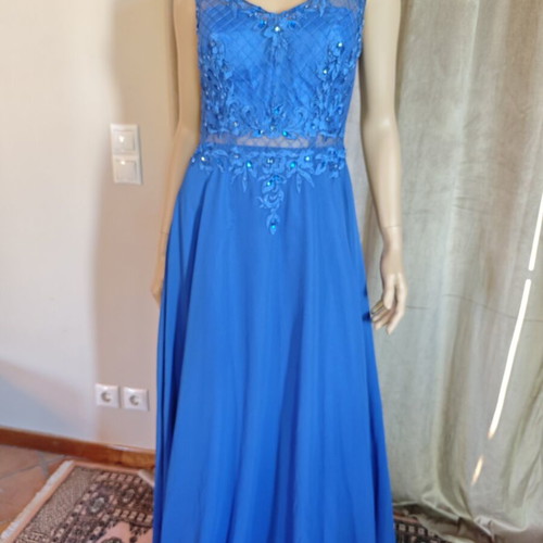 Long blue evening dress with embroidered lace bust and V back