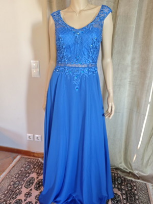Long blue evening dress with embroidered lace bust and V back