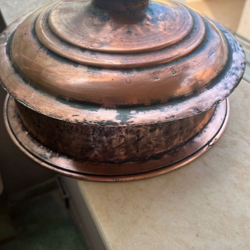 Antique copper pot with lid and monograms used, circa 1900