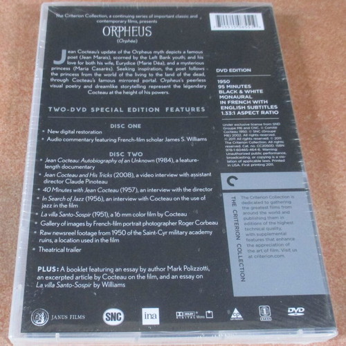 Orpheus DVD new, fantasy drama, Criterion region 1
