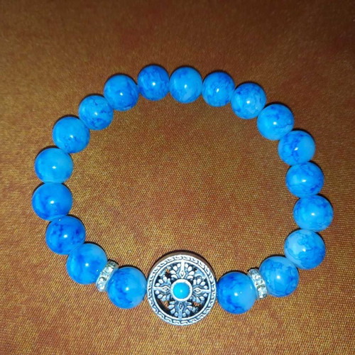 Bracelet with blue Haolite semi-precious stones, metal cross and beads new