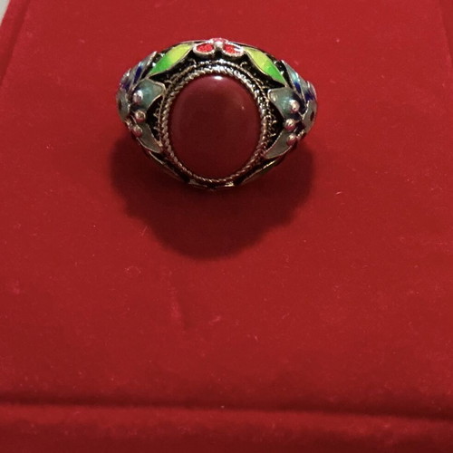 Vintage Tibetan style 925 sterling silver enamel ring with red coral paste cabochon, like new
