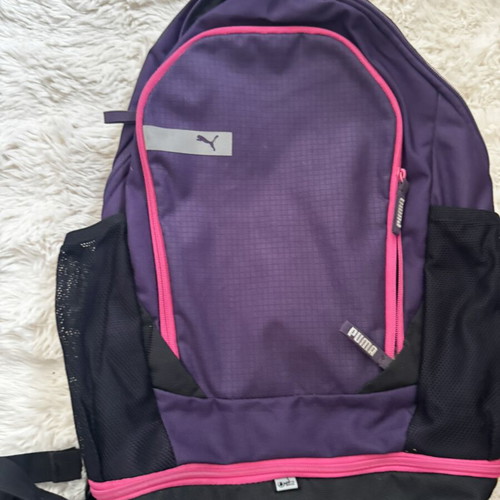 Puma backpack used, purple sports bag with mesh pockets