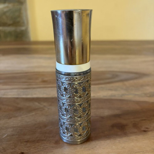 Mon Boudoir vintage perfume bottle used, metal with embossed design