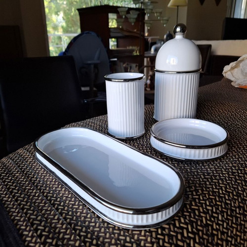 Bathroom accessory set 4 pieces new, white porcelain with chrome details