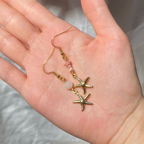 Earrings with stainless steel star charm, rose aventurine beads